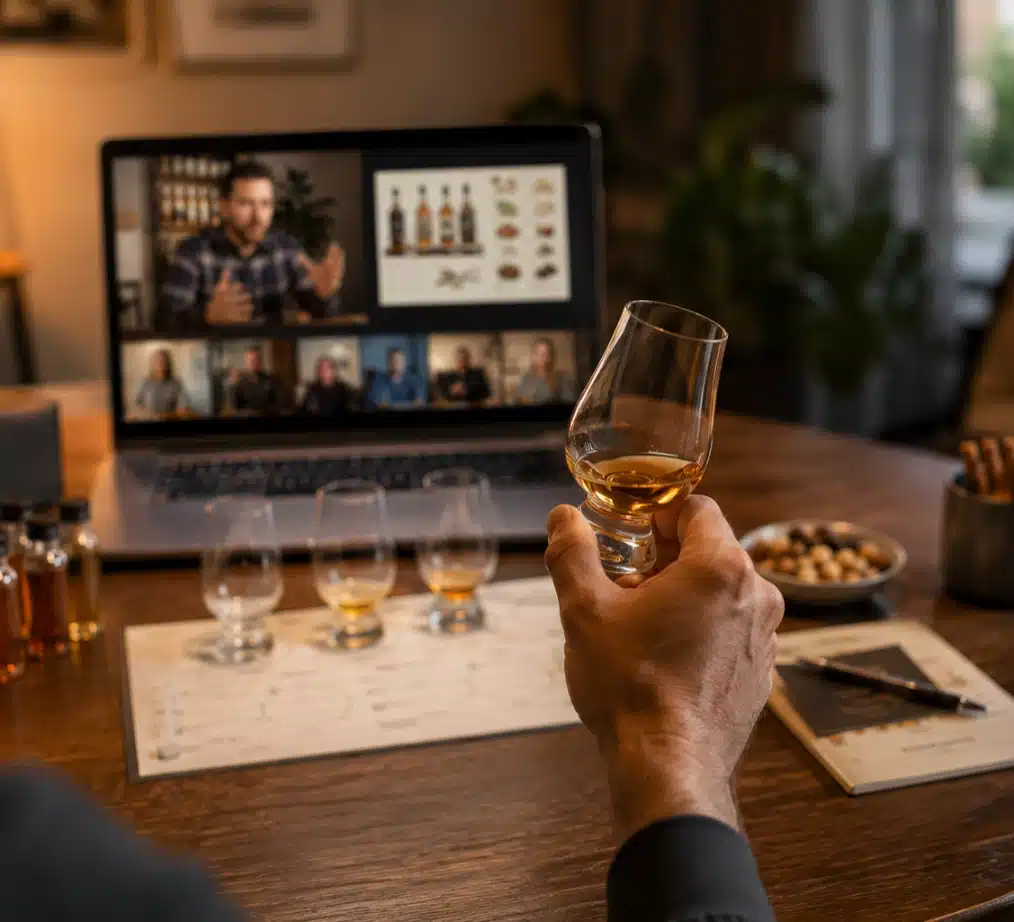 Live-streamed virtual whisky tasting presentation shown on a laptop with tasting glasses, whisky samples, notes, and pairing snacks arranged on a desk.